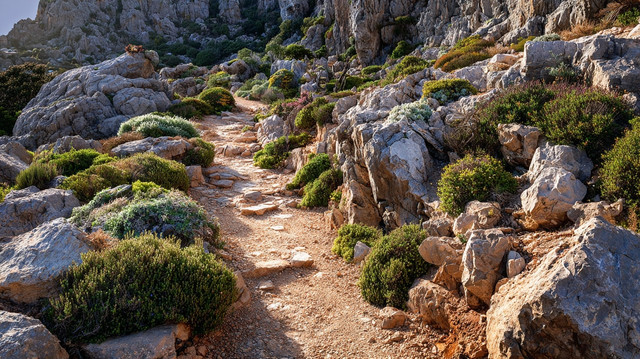 Sentier de randonnée traversant un paysage rocheux et méditerranéen en Ardèche méridionale.