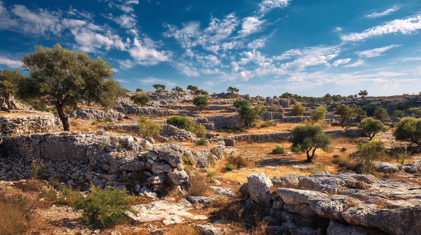 Plateau calcaire du sud de l’Ardèche avec végétation méditerranéenne et traces d’agriculture traditionnelle.