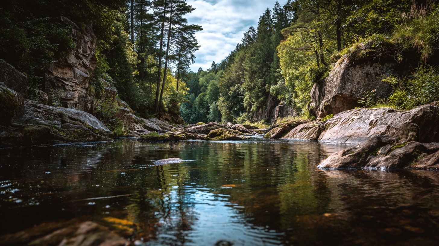 Rivière paisible bordée de rochers et de végétation, typique des zones naturelles préservées du sud de l’Ardèche.