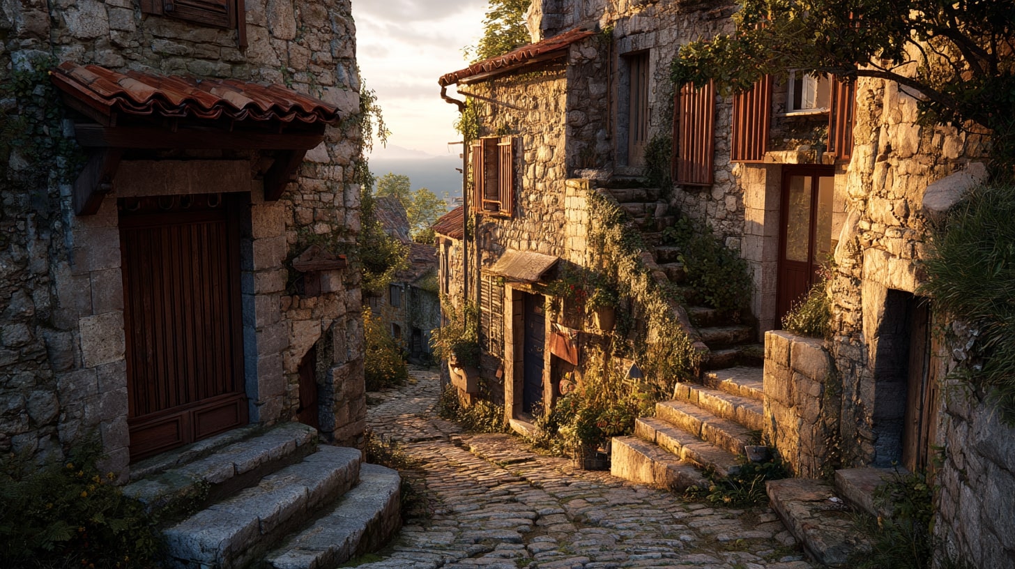 Ruelles étroites d’un village en pierre, représentatives des villages de caractère de l’Ardèche méridionale.